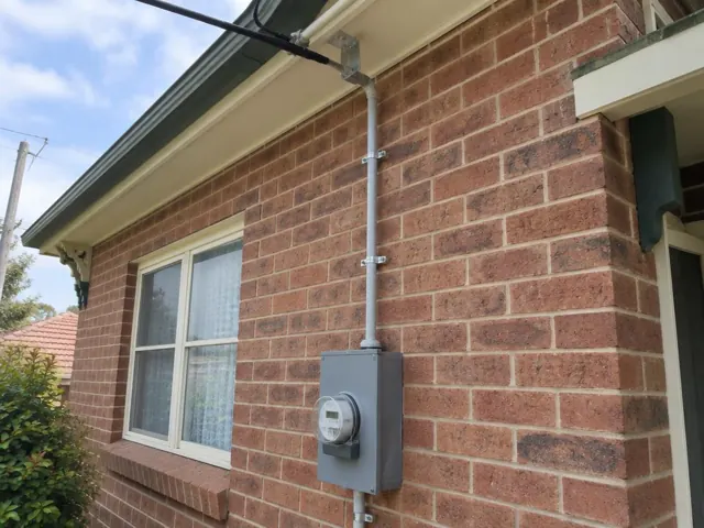 Brick house wall with new overhead service cable and point-of-attachment bracket beside meter box in Hexham