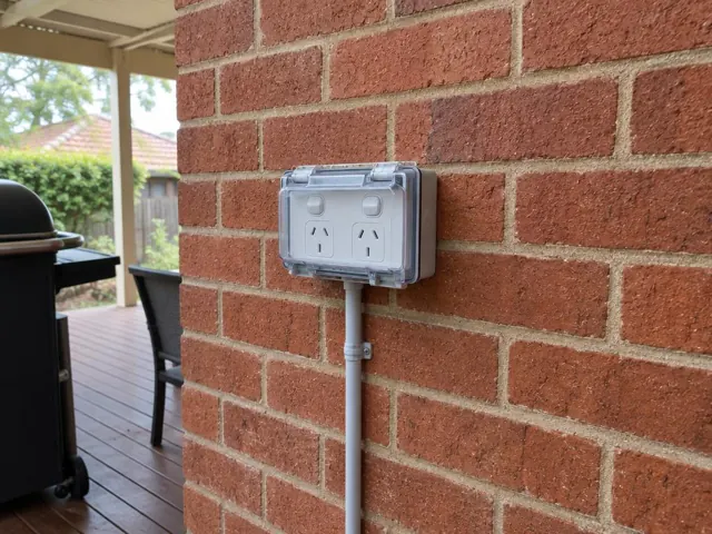 Outdoor double power point on a brick brick wall beside a covered patio in Jesmond